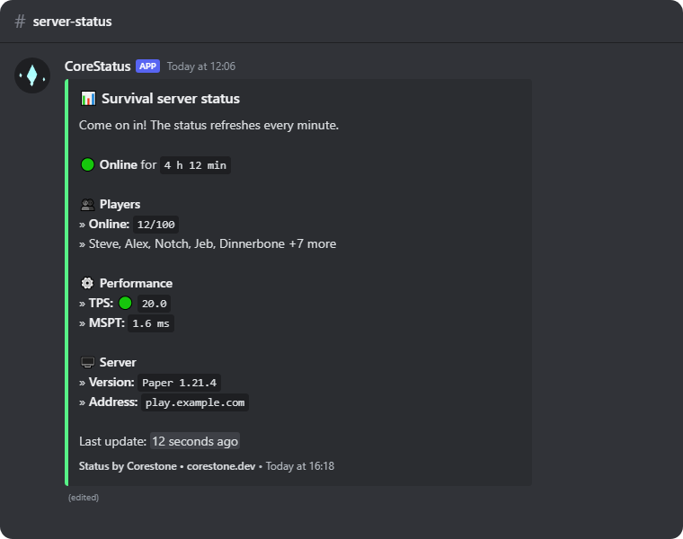 The status message in Discord, with the players, performance and server sections